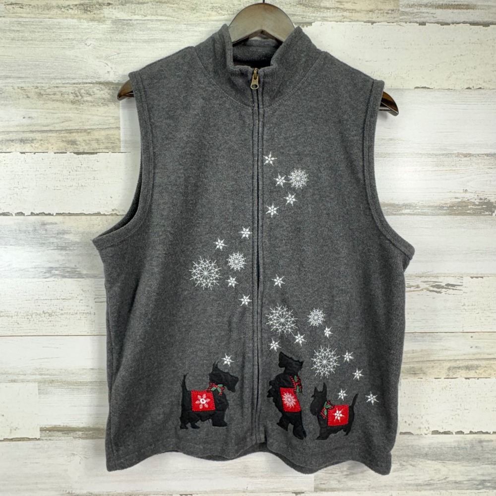Rebecca Malone Gray Fleece Zip Vest Embroidered Scottie Dogs Snowflakes Size L